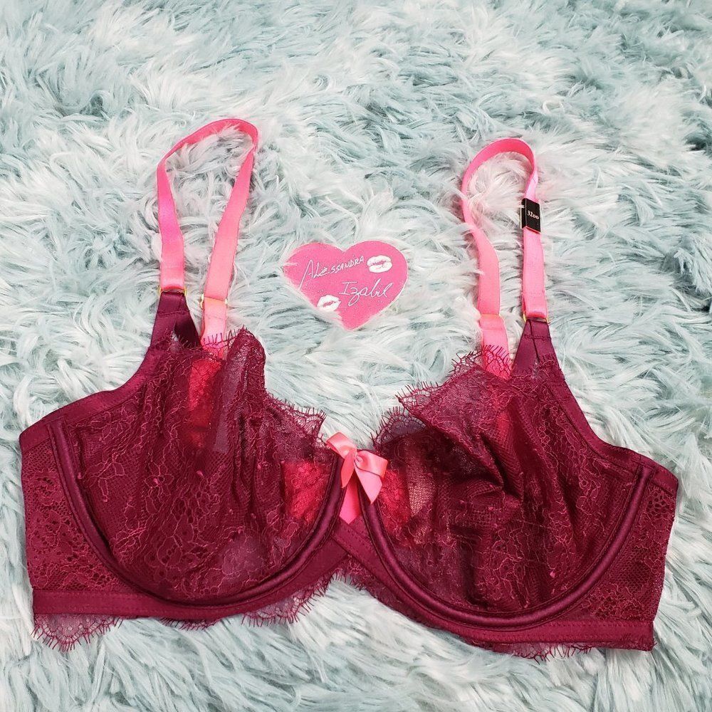 VS Sexy Chantilly Lace Burgundy Unlined Demi 32DD